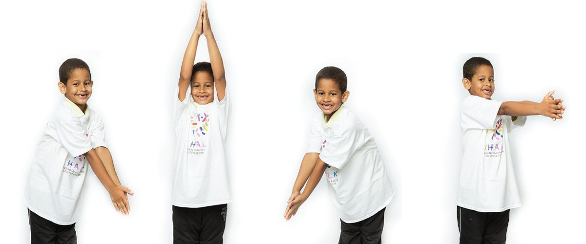 A child performing various stretching moves