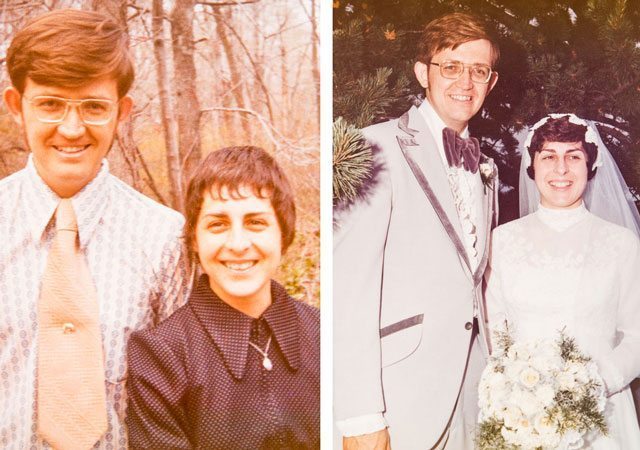 Two photos of Bill and Joan McComas when they we younger, one at their wedding