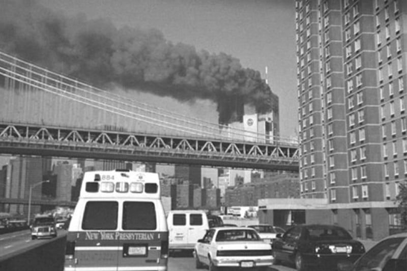 A convoy of vehicles and paramedics driving to the towers