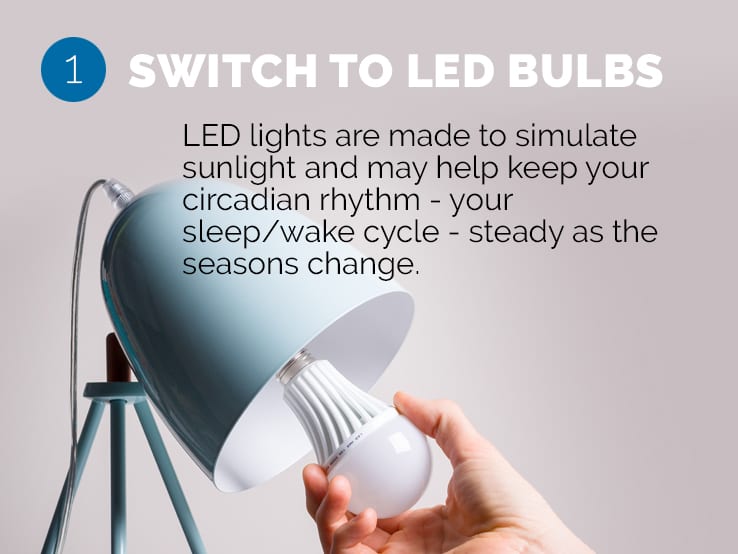Text explaining the importance of switching to LED bulbs to help you adjust to daylight saving time.