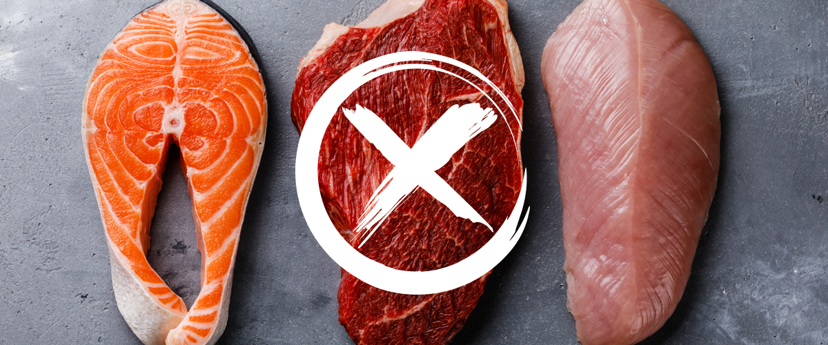 Two filets of fish and a cut of meat with an X on it