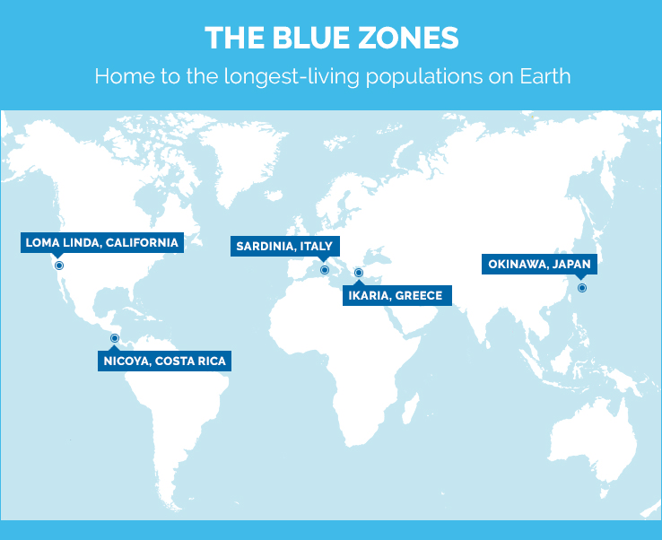 Map of the Blue Zones: Loma Linda, CA; Nicoya, Costa Rica; Sardinia, Italy; Ikaria, Greece; Okinawa, Japan.