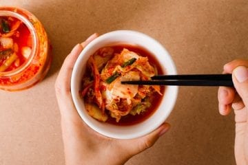 A bowl of kimchi.
