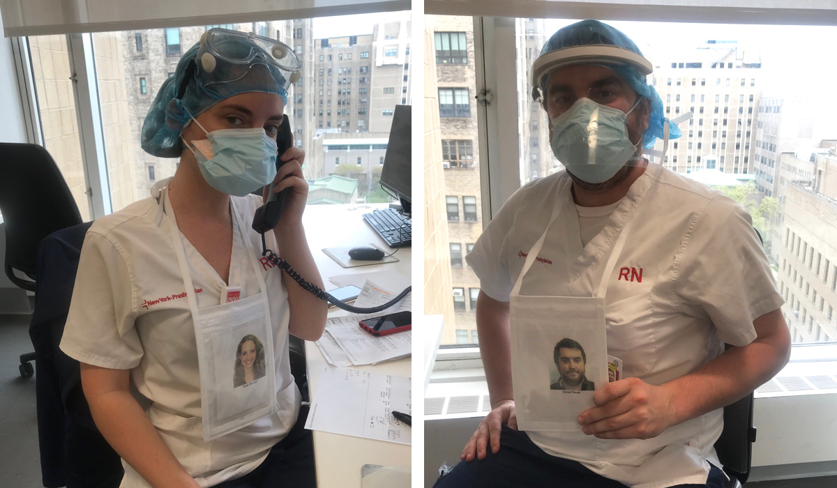 Staff with face masks and photos of themselves