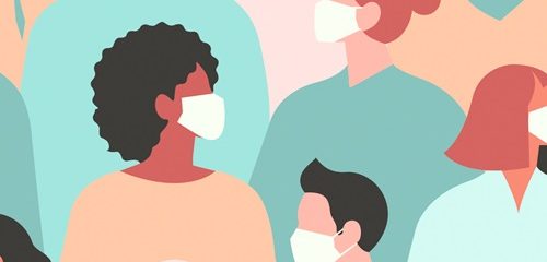 illustration of masked faces looking around in the 'new normal'