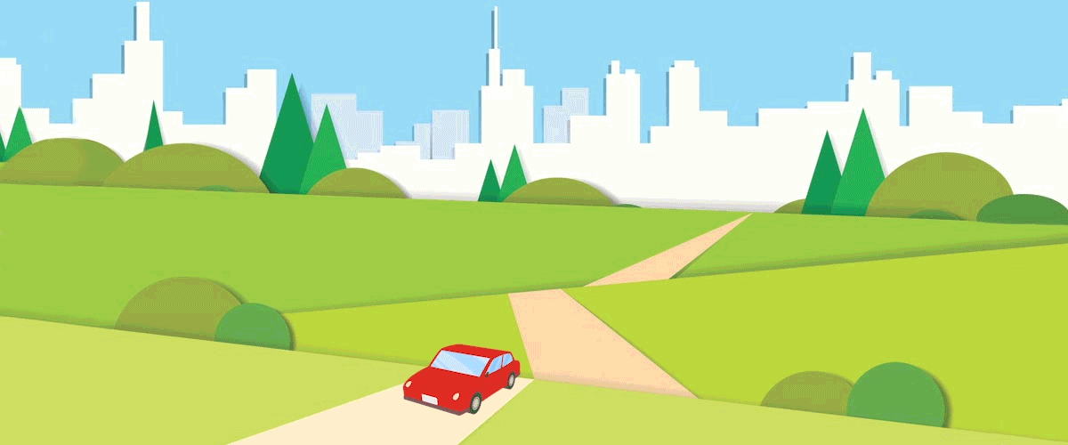 Animation of car driving away from the city during coronavirus