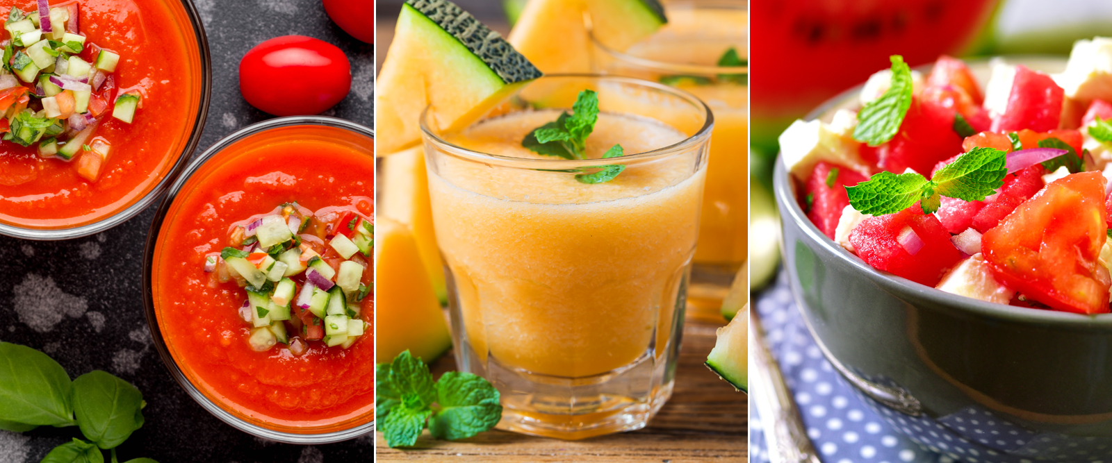 healthy summer recipes - gazpacho, smoothie and watermelon and feta salad