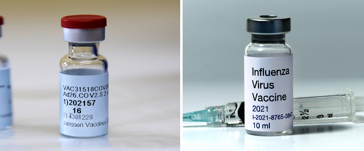side by side image of vials of flu vaccine and covid vaccine.