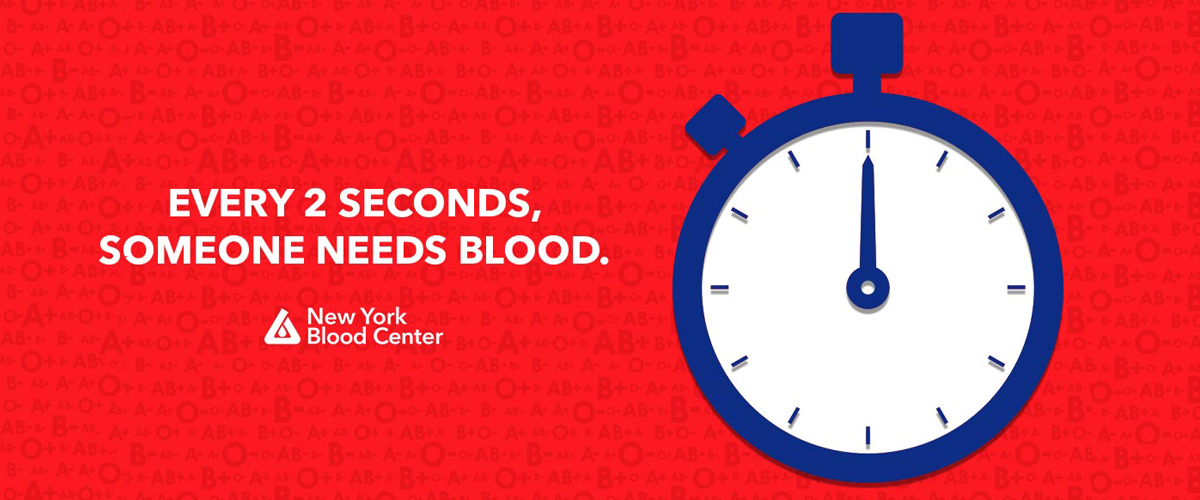Image of a stopwatch on a red background with text saying every two seconds, someone needs blood.