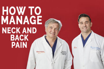 Dr. Roger Hartl and Dr. Michael Saulle stand in front of a red background with the text How to Manage Neck and Back Pain