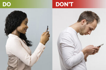 Side by side photos of someone looking at their phone with bad posture and someone improving posture