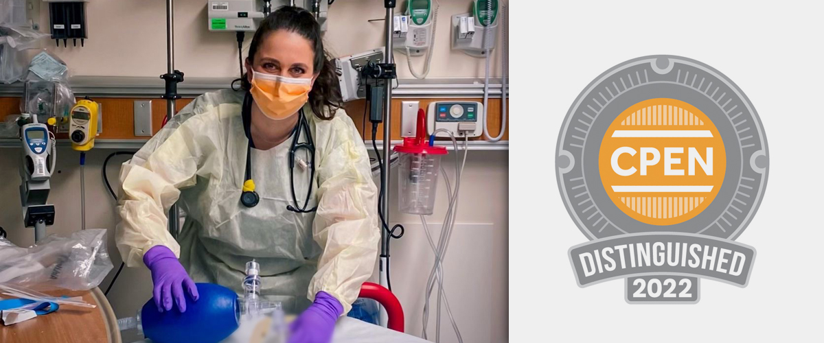 Clinical Nurse Jessica Evins in the emergency room and logo of award
