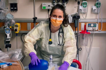 Clinical Nurse Jessica Evins in the emergency room and logo of award