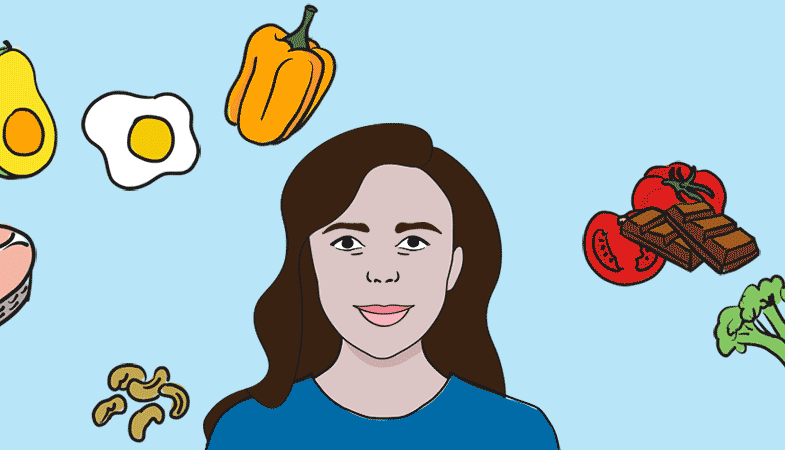 An animated woman with foods to eat for mental health around her