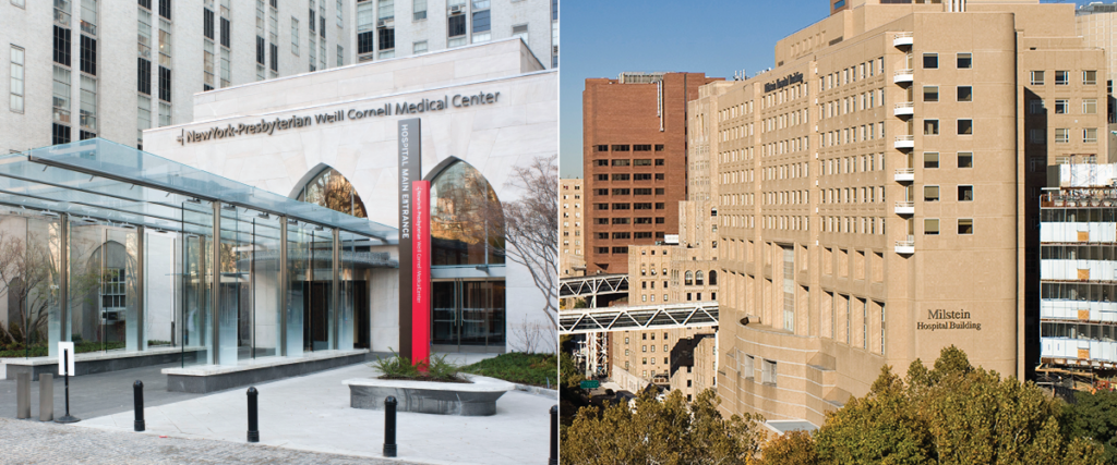 NewYork-Presbyterian/Weill Cornell Medical Center entrance and NewYork-Presbyterian/Columbia University hospitals aerial shot