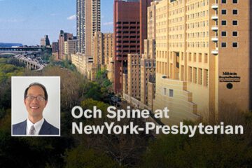 Headshot of Dr. Dean Chou over a skyline image of Columbia University with the words Och Spine at NewYork-Presbyterian
