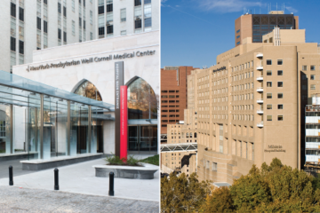 NewYork-Presbyterian/Weill Cornell Medical Center entrance and NewYork-Presbyterian/Columbia University Irving Medical Center aerial