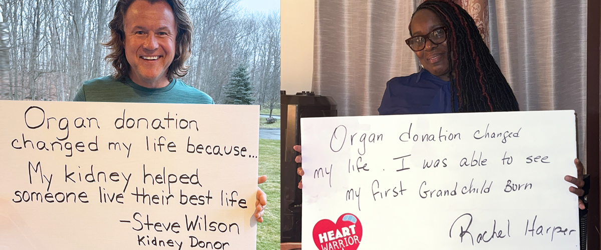Side-by-side image of an organ donor and recipient. Left is an image of Steve Wilson, kidney donor, holding a sign that says "Organ donation changed my life because... My kidney helped someone live their best life. - Steve Wilson, kidney donor." Right image is Rachel Harper, wearing blue and holding a sign that says "Organ donation changed my life. I was able to see my first grandchild born." Rachel Harper, heart recipient.