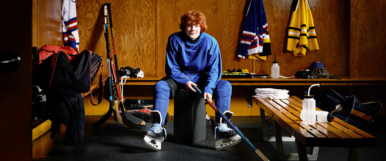 Jack Foley getting suited up to play hockey