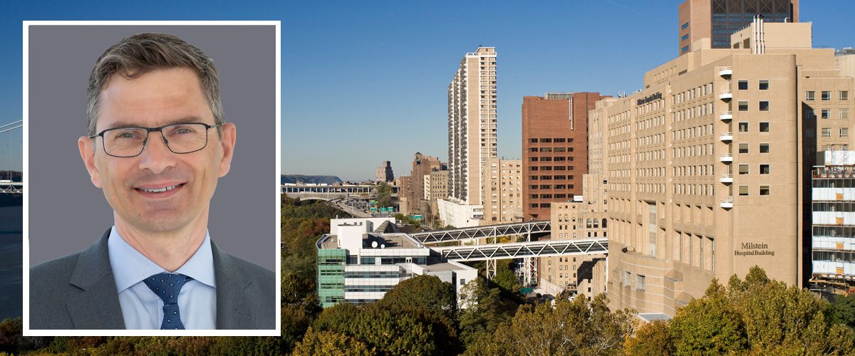 Dr. Geirsson with backdrop of image of campus of NewYork-Presbyterian/Columbia University Irving Medical Center