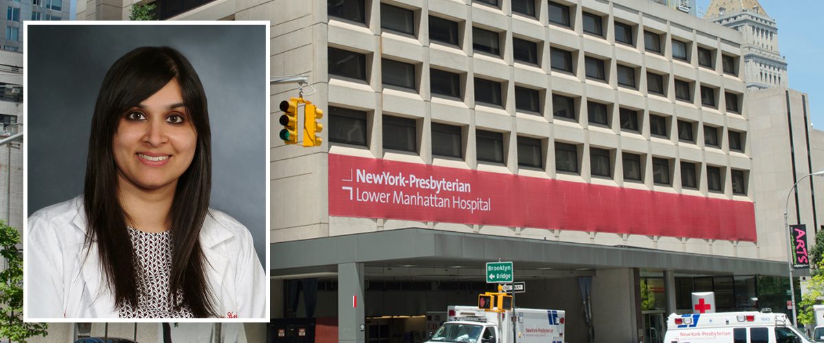 Headshot of Dr. Hogg alongside picture of NYP Lower Manhattan Hospital.