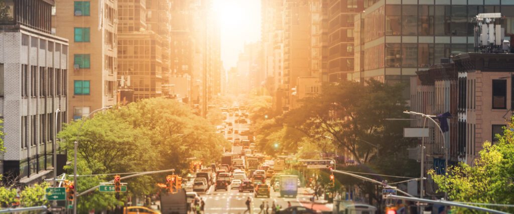 A New York City street in the sun.