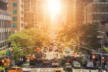 A New York City street in the sun.