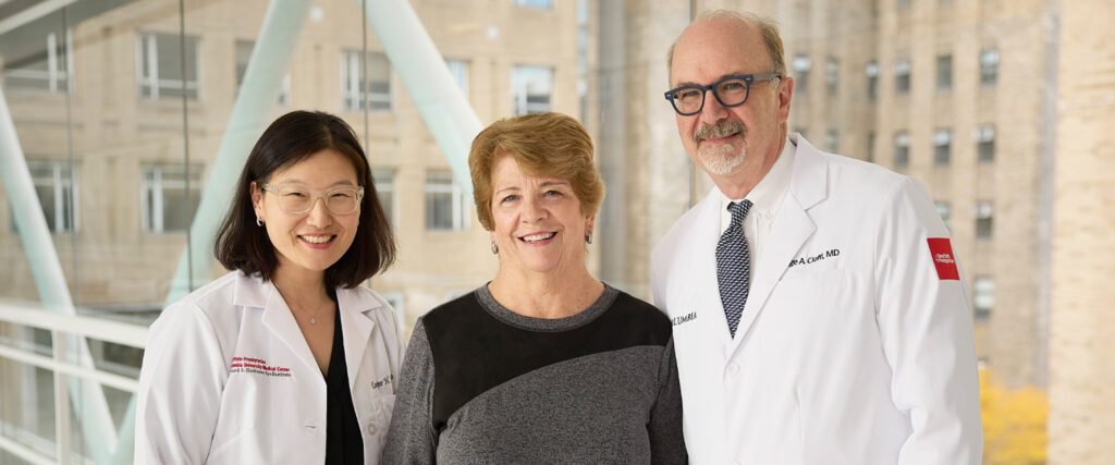 Portrait of NewYork-Presbyterian ophthalmologists Dr. Leejee Suh and Dr. George Jack Cioffi with nurse Irene Fico