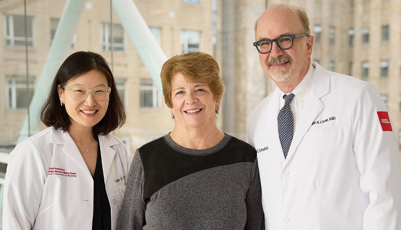 Portrait of NewYork-Presbyterian ophthalmologists Dr. Leejee Suh and Dr. George Jack Cioffi with nurse Irene Fico