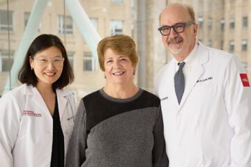 Portrait of NewYork-Presbyterian ophthalmologists Dr. Leejee Suh and Dr. George Jack Cioffi with nurse Irene Fico