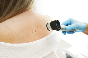 A doctor examining a mole on a woman's back